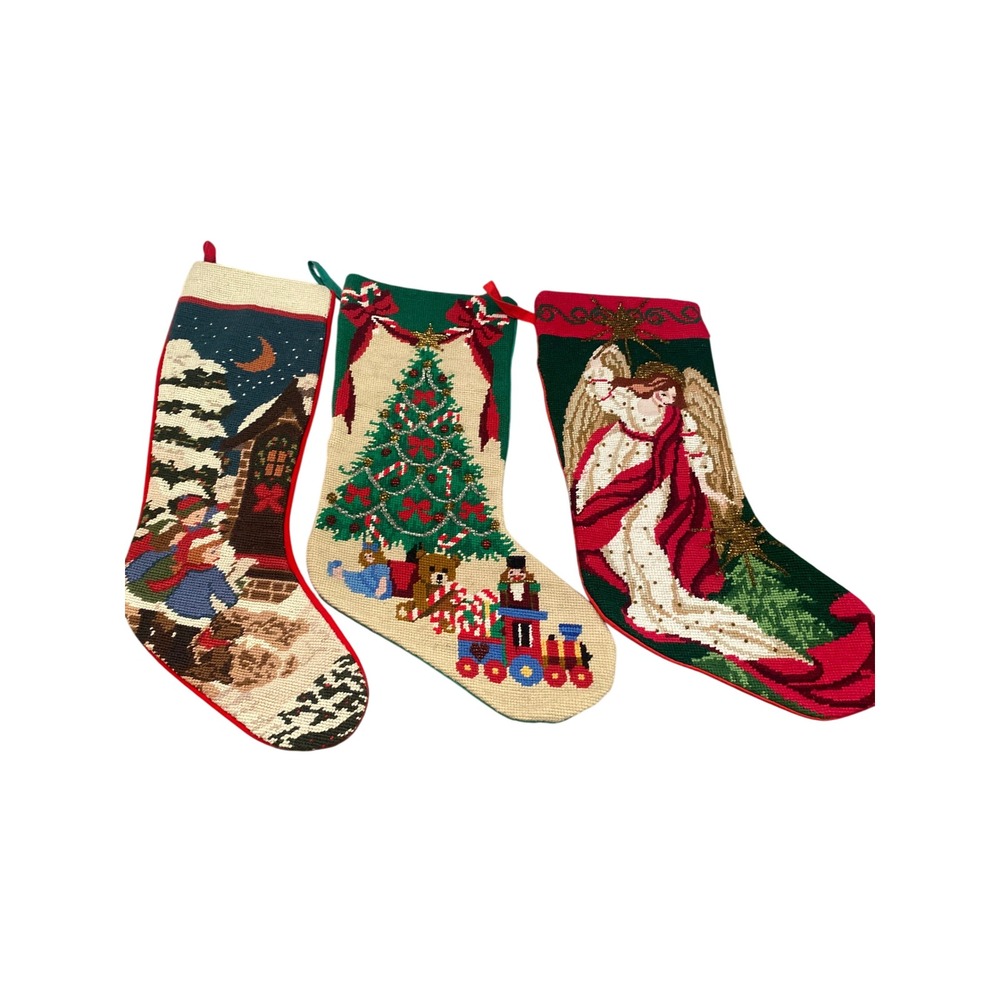 Vintage Needlepoint Christmas Stockings Set of 3 Angel Tree Cabin Beaded Large